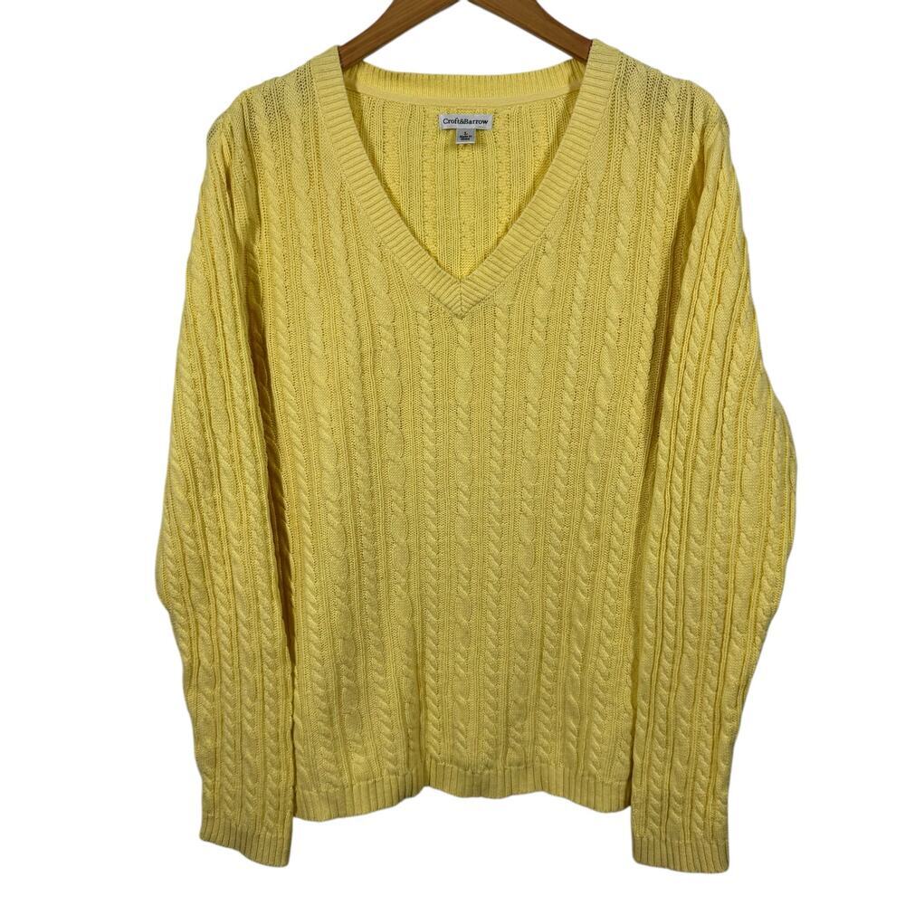 Croft &‎ Barrow Sweater Women L Yellow Cable Knit 100% Cotton Cable Knit Preppy